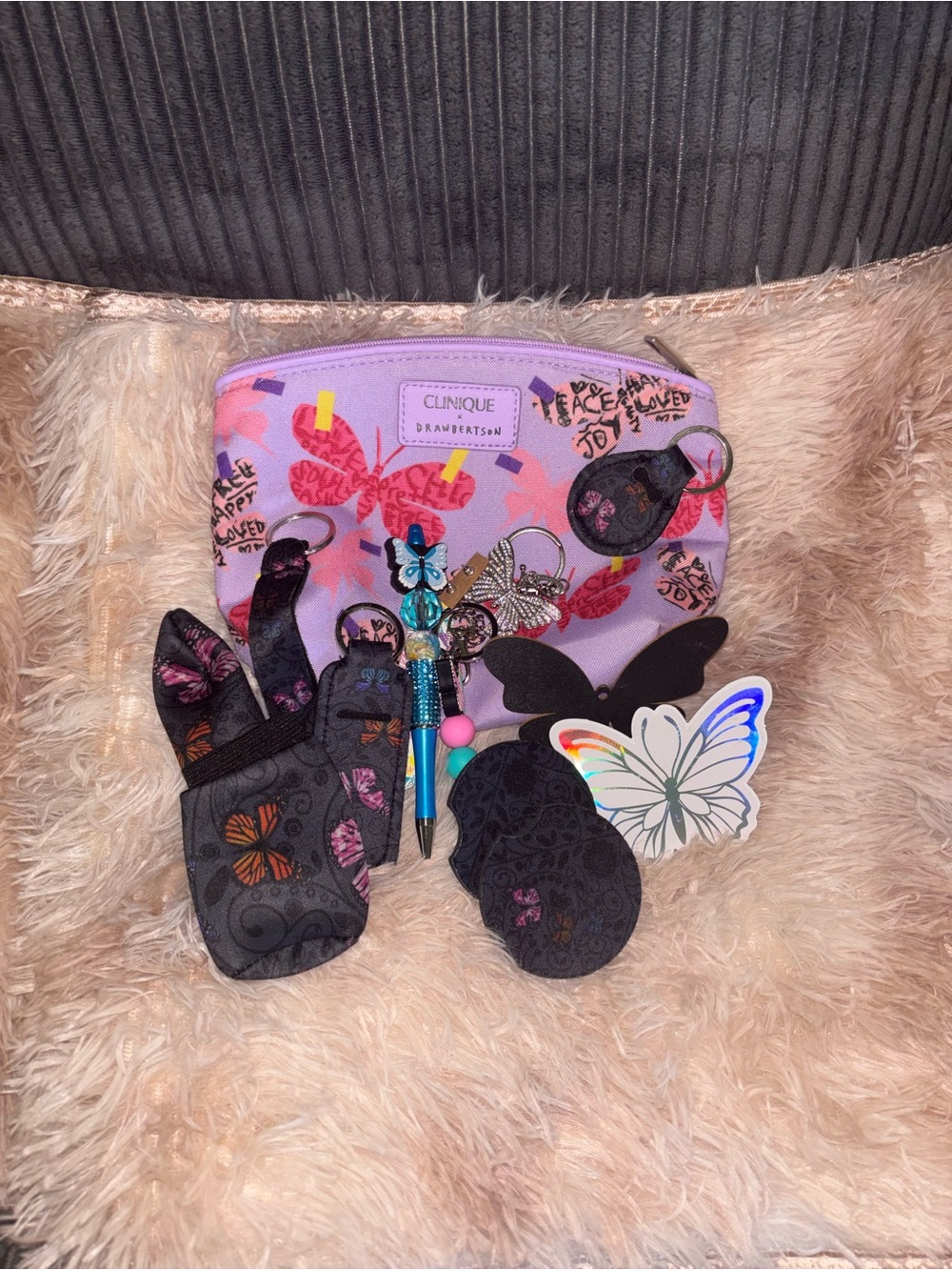 Clinique Lavender and Pink Butterfly Makeup Pouch with Charms